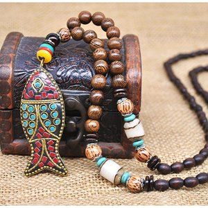 Vintage Ethnic Fish Handmade Nepal Mala Wood Beaded Stone Pendant Unisex